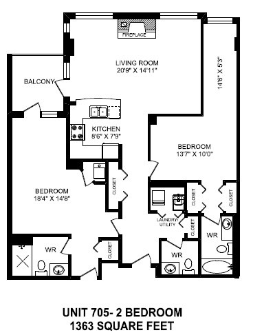 Two bedroom, two bathroom apartment layout at The Conservatory in Kelowna, BC