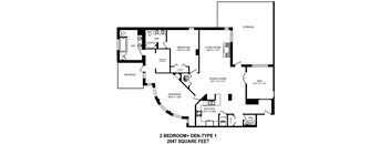 Two bedroom plus den, two bathroom apartment layout at The Conservatory in Kelowna, BC