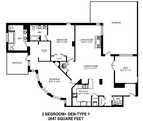 Two bedroom plus den, two bathroom apartment layout at The Conservatory in Kelowna, BC