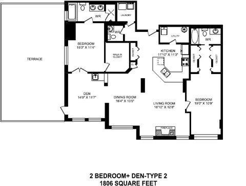Two bedroom plus den, two bathroom apartment layout at The Conservatory in Kelowna, BC