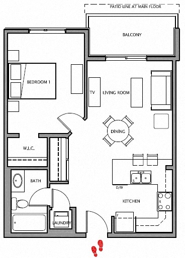 One bedroom, one bathroom apartment layout at Giroux Estates in St. Albert, AB