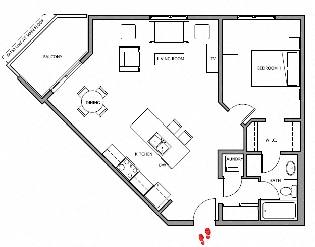One bedroom, one bathroom apartment layout at Giroux Estates in St. Albert, AB