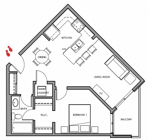 One bedroom, one bathroom apartment layout at Giroux Estates in St. Albert, AB