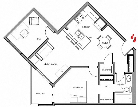 One bedroom, one bathroom apartment layout at Giroux Estates in St. Albert, AB