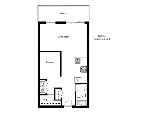 Bachelor, one bathroom apartment layout at The Crest in Nanaimo, BC