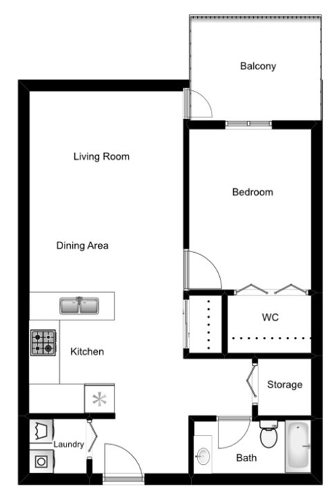 One bedroom, one bathroom apartment layout at The Crest in Nanaimo, BC