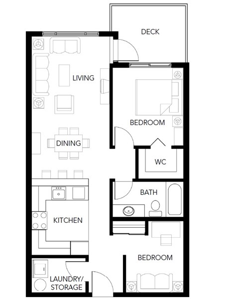 One bedroom plus den, one bathroom apartment layout at The Crest in Nanaimo, BC