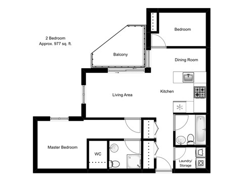 Two bedroom, two bathroom apartment layout at The Crest in Nanaimo, BC