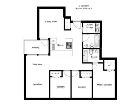Three bedroom, two bathroom apartment layout at The Crest in Nanaimo, BC