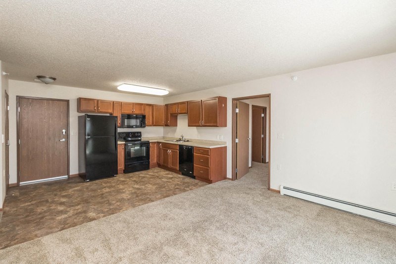 an empty kitchen with black appliances and wooden cabinets