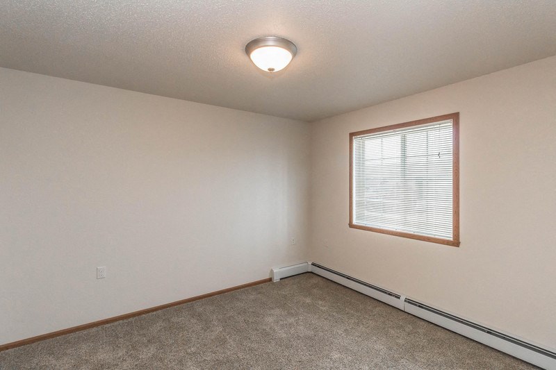 the spacious living room has a large window and carpeted flooring