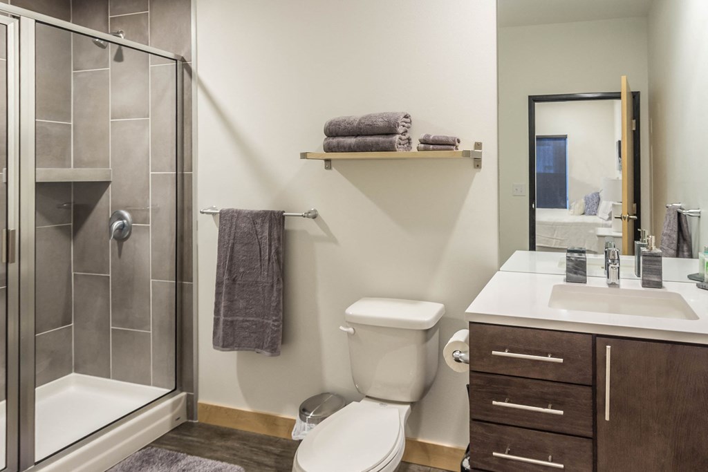 a bathroom with a shower toilet and sink and a mirror