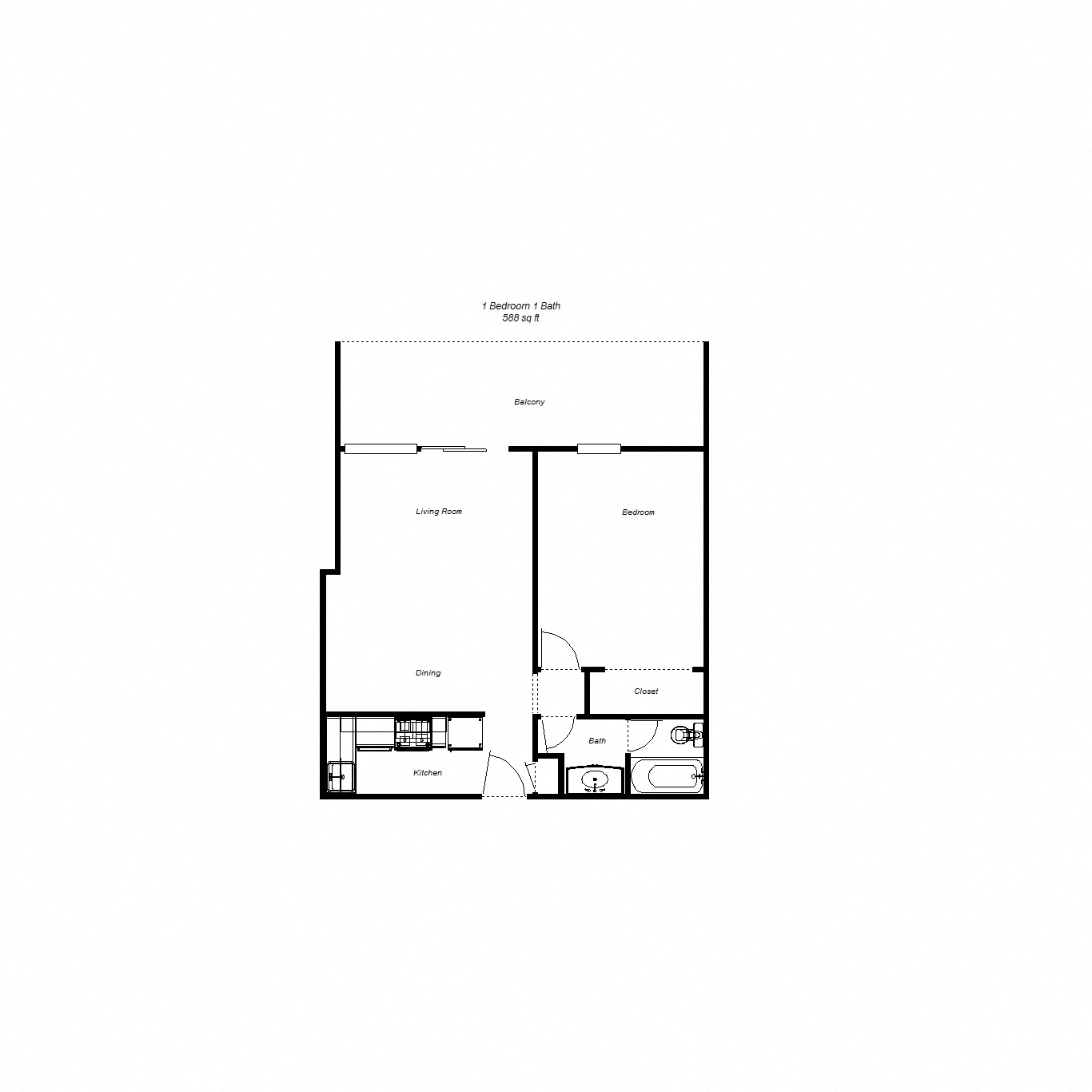 1 Bedroom floor plan for Mark II Apartments