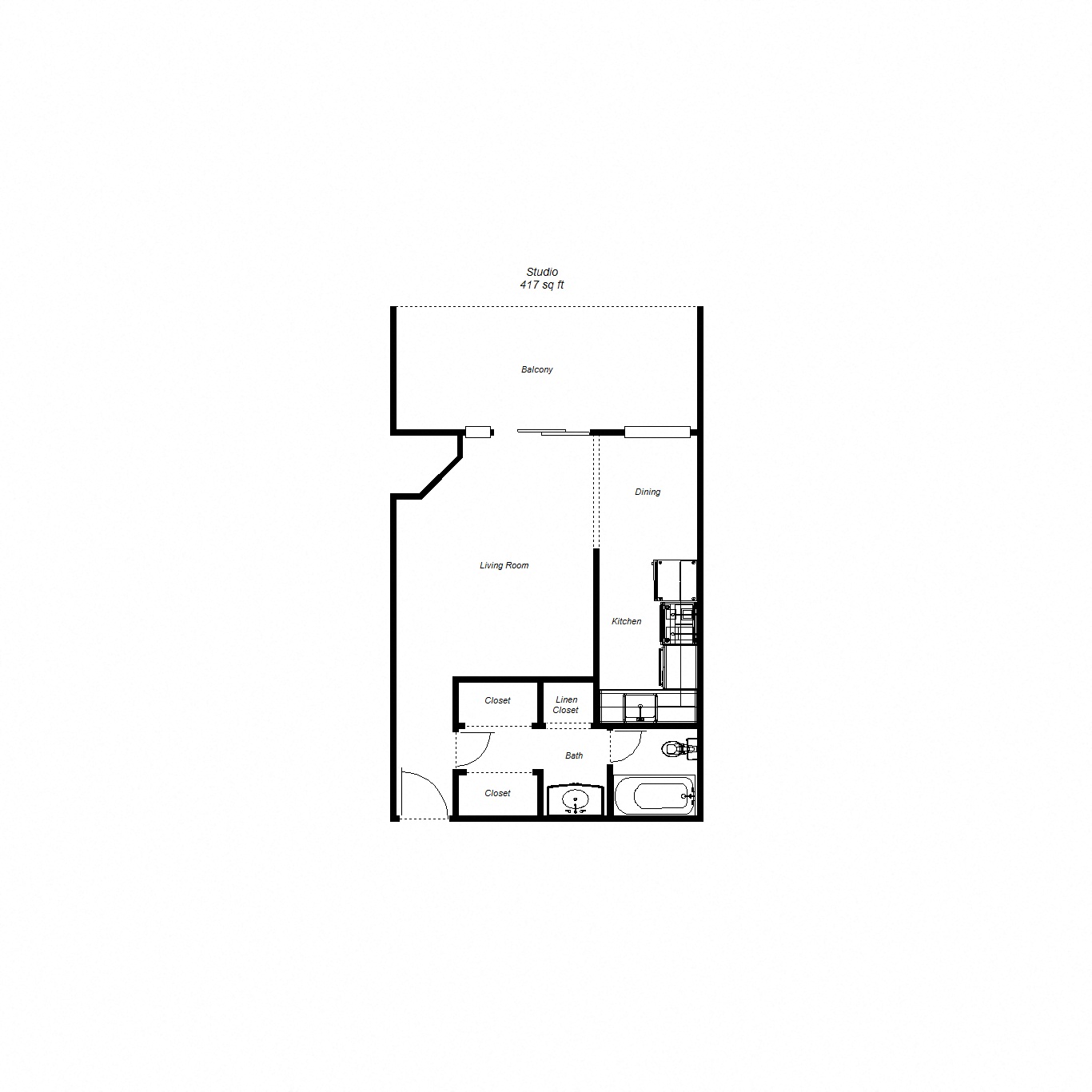 Studio floor plan for Mark II Apartments