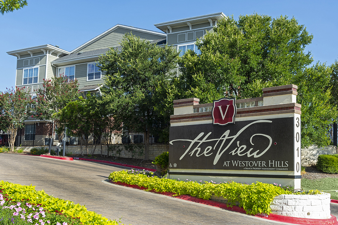 The View at Westover Hills Apartments in San Antonio entry sign at leasing office