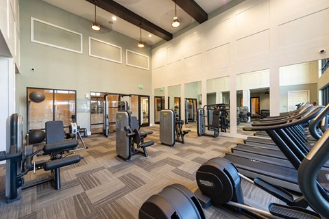 A gym with a variety of equipment including treadmills, weights, and exercise machines.