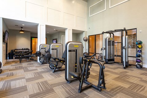 A gym with a variety of equipment including treadmills, weights, and exercise machines.