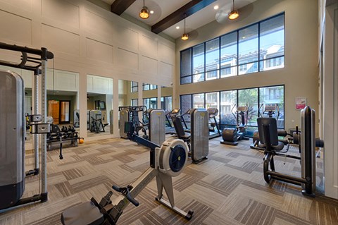 A gym with a variety of equipment including treadmills, weights, and exercise machines.