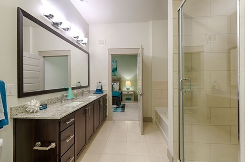 A bathroom with a mirror, sink, and shower.