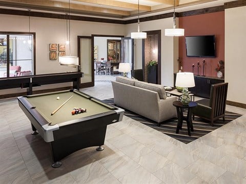 a living room with a pool table