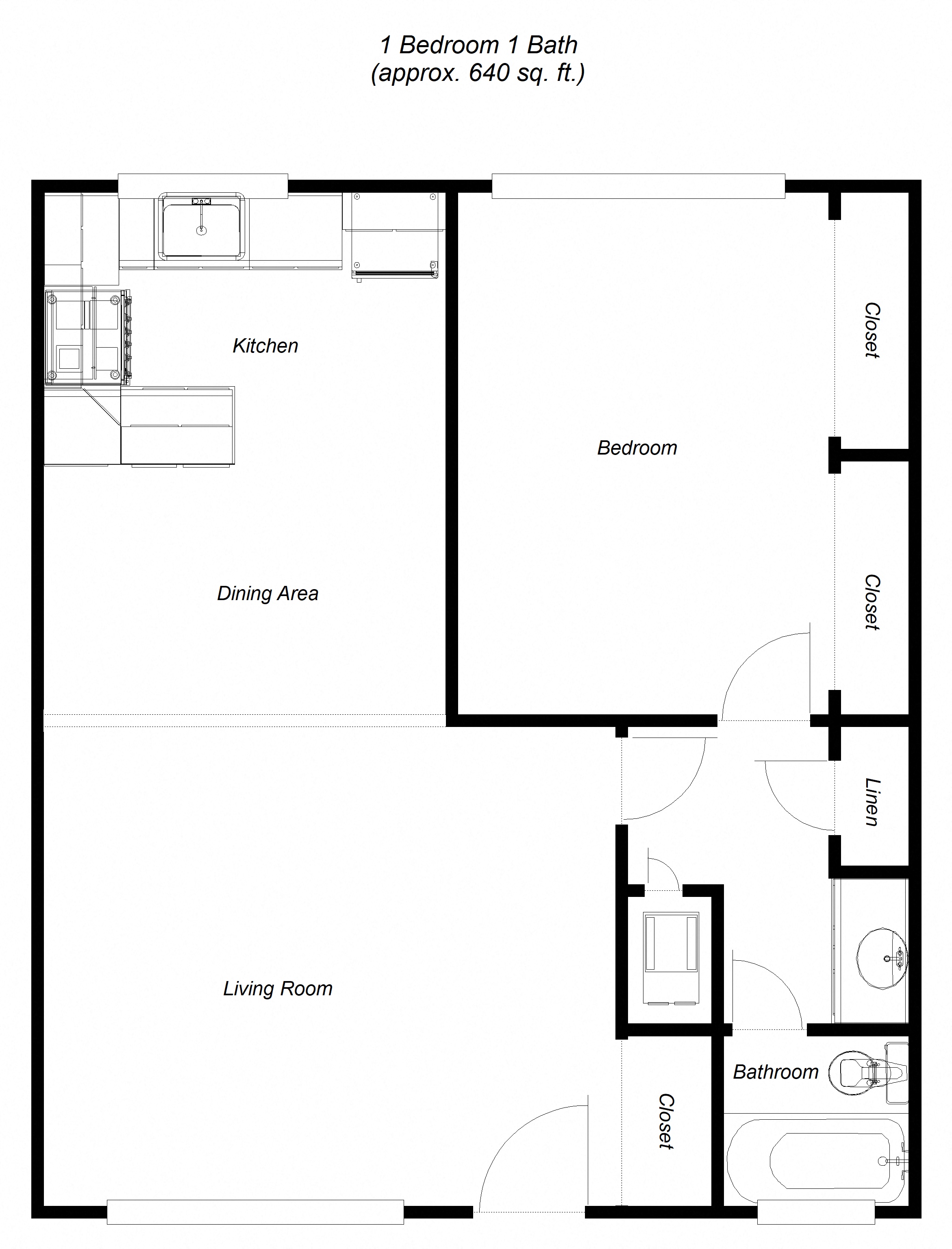1 Bedroom floor plan for 240 Caltega Apartments