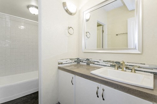 a bathroom with a sink and a mirror