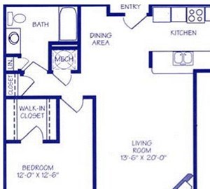 The Gulf III one bedroom one bathroom floorplan at Northbrook Apartments