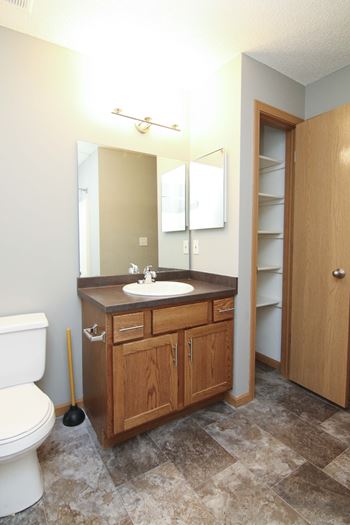 Renovated bathroom with new cabinets and tile flooring at Northbrook Apartments