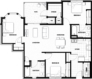 3 bed 2 bath 1087 sf