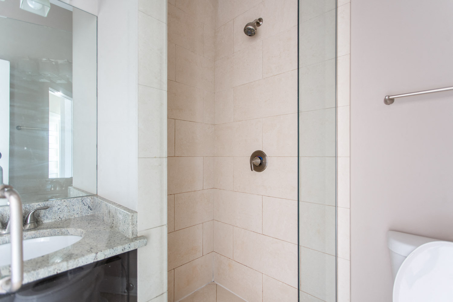 a bathroom with a shower and a sink and a toilet
