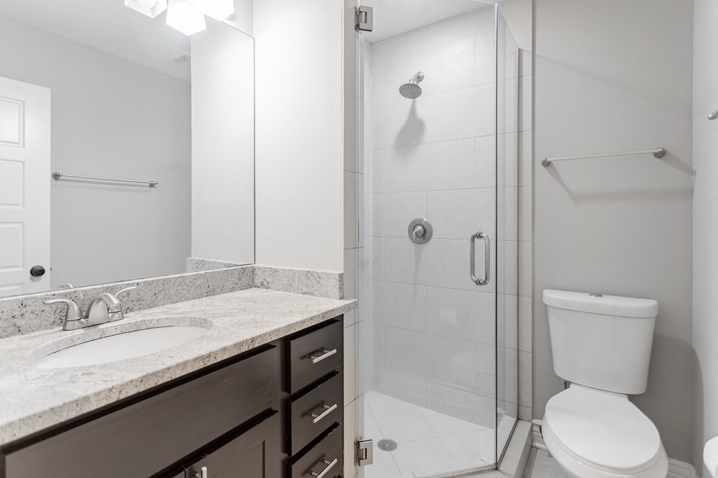 a bathroom with a shower and a sink and a toilet