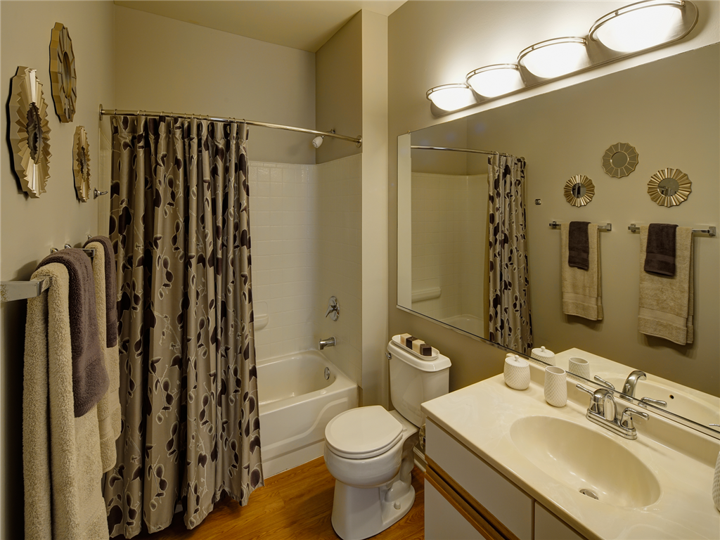 a bathroom with a sink toilet and shower and a mirror