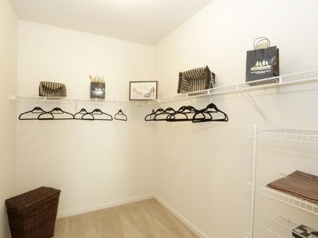a closet with shoes and bags on a shelf