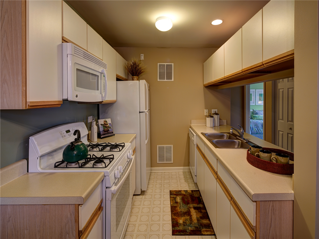 a kitchen with a stove and a sink and a refrigerator