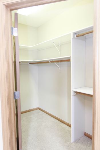 Empty walk in closet with rods for hanging and built in shelving.