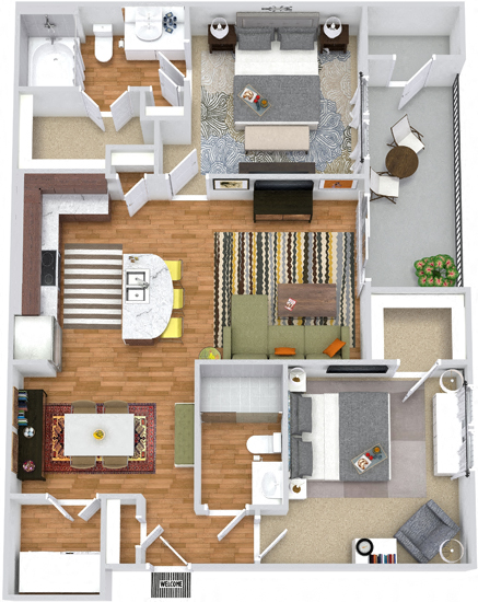 The Sage 3D. 2 bedroom apartment. Kitchen with island open to living/dinning rooms. 2 full bathrooms, shower stall in master. Walk-in closets. Patio/balcony.