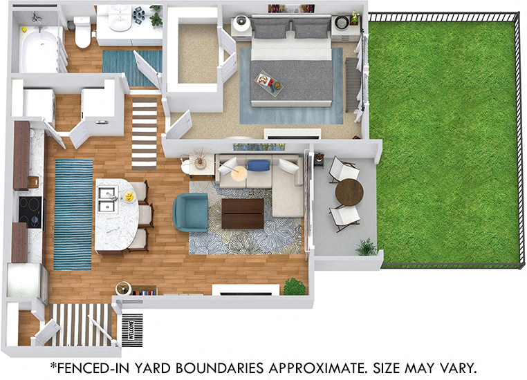 Lonestar + Fenced-in Yard 3D. 1 bedroom apartment. Kitchen with island open to living room. 1 full bathroom. Walk-in closet. Patio/balcony open to yard..