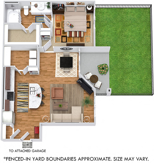 Longhorn + Garage and Fenced-in Yard 3D. 1 bedroom apartment. Kitchen with island open to living/dinning rooms. 1 full bathroom. Walk-in closet. Patio/balcony open to yard.