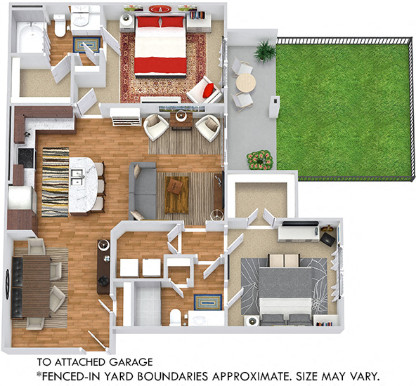 Topaz + Attached Garage & Fenced-in Yard. 2 bedroom apartment. Kitchen with island open to living/dinning rooms. 2 full bathrooms, shower stall in master. Walk-in closets. Patio/balcony open to yard.