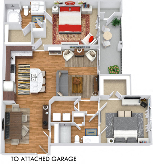 Topaz with Attached Garage 3D. 2 bedroom apartment. Kitchen with island open to living/dinning rooms. 2 full bathrooms, shower stall in master. Walk-in closets. Patio/balcony.