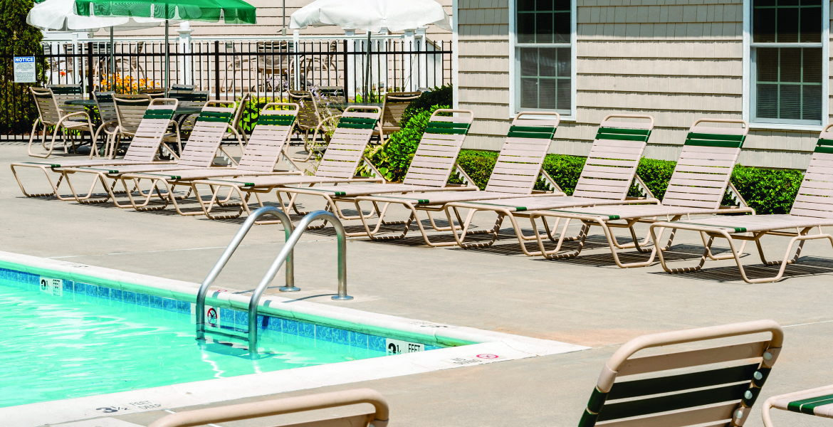 built in pool and sundeck lounge chairs at Medford Pond, Medford, New York