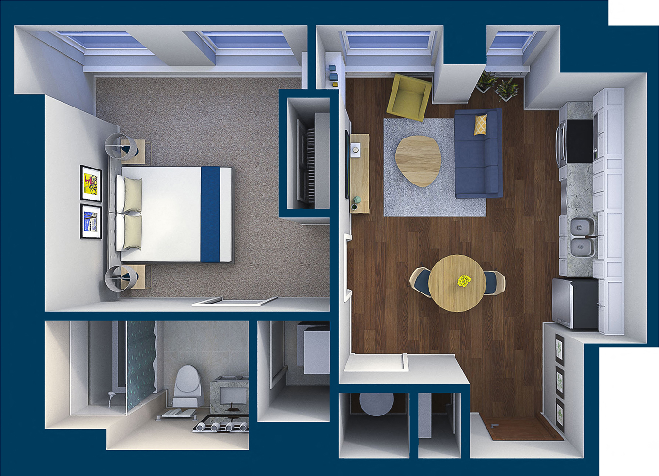 3D floor plan of one bedroom apartment with skylight at Residences at Leader Apartments, Cleveland, 44114