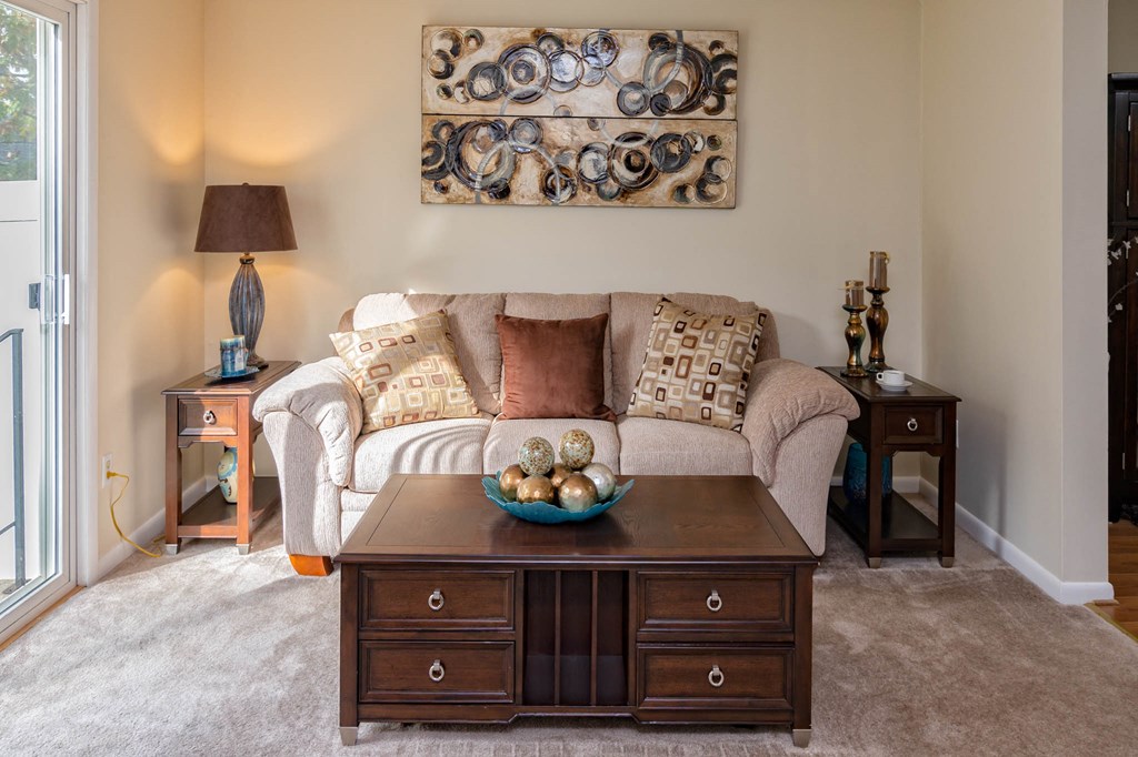 Bright Living Room at Collett Woods Townhouses, Farmington, NY