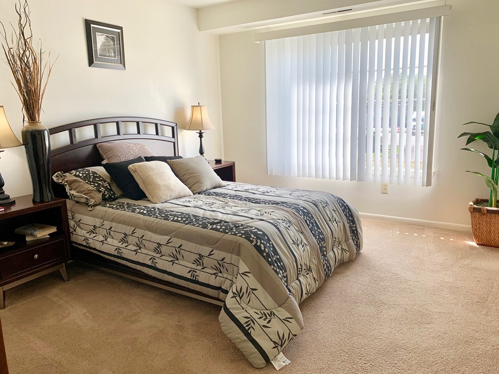 a bedroom with a bed and a window