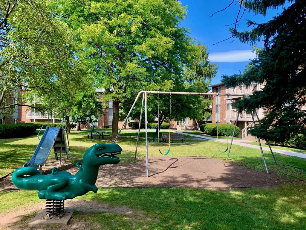 a playground with a swing set and a dinosaur swing