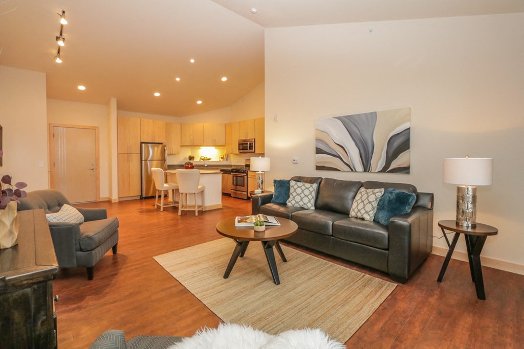 a living room with a couch and a table