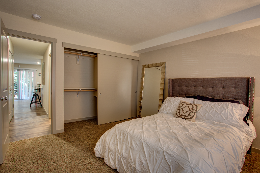 a bedroom with a large bed and a closet