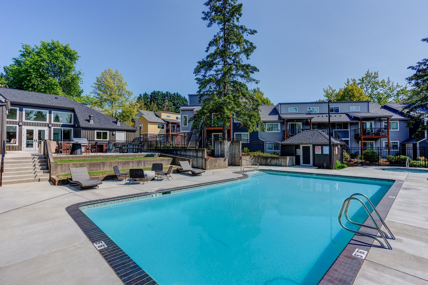 our apartments have a resort style pool with amenities and a view of our homes