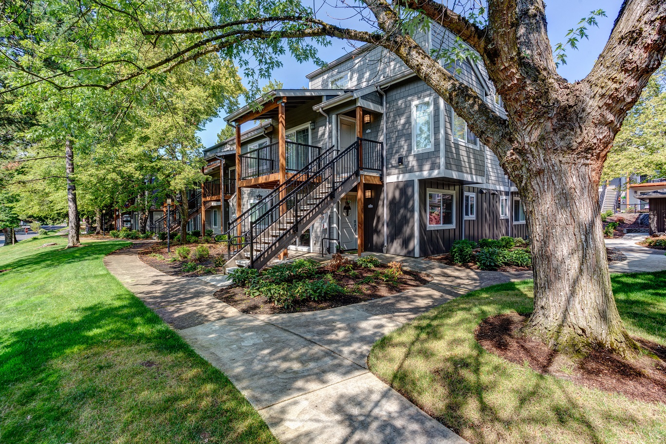the front of a house with trees and a sidewalk