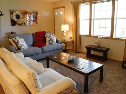 a living room with couches and a coffee table